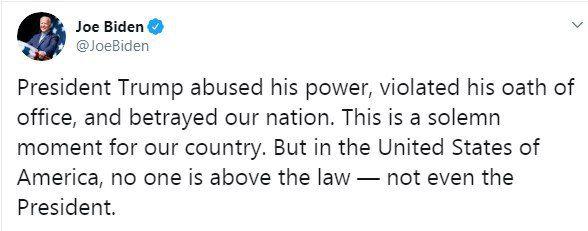 واکنش جو بایدن به استیضاح ترامپ