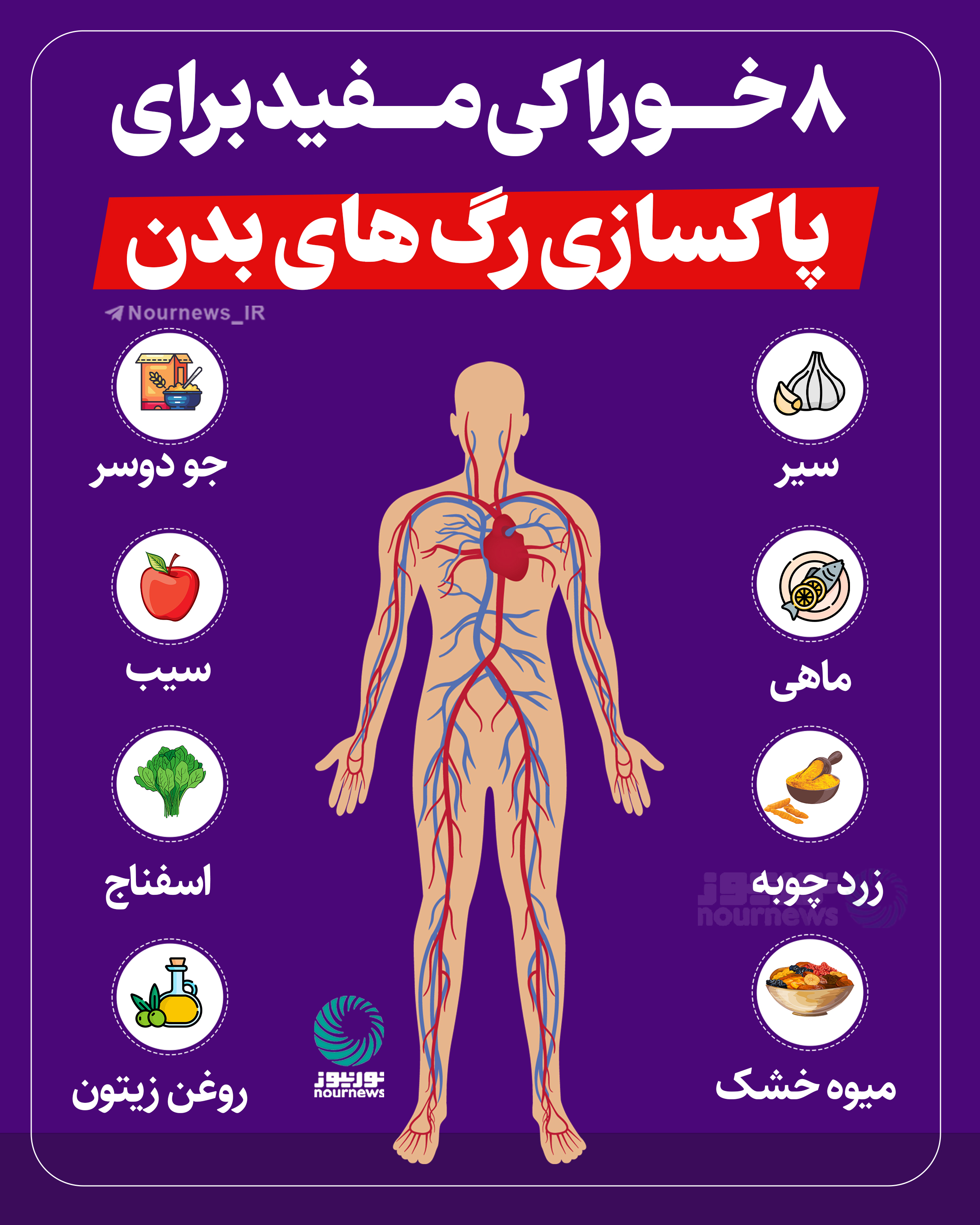 اینفوگرافی؛ 8 خوراکی مفید برای پاکسازی رگ‌های بدن