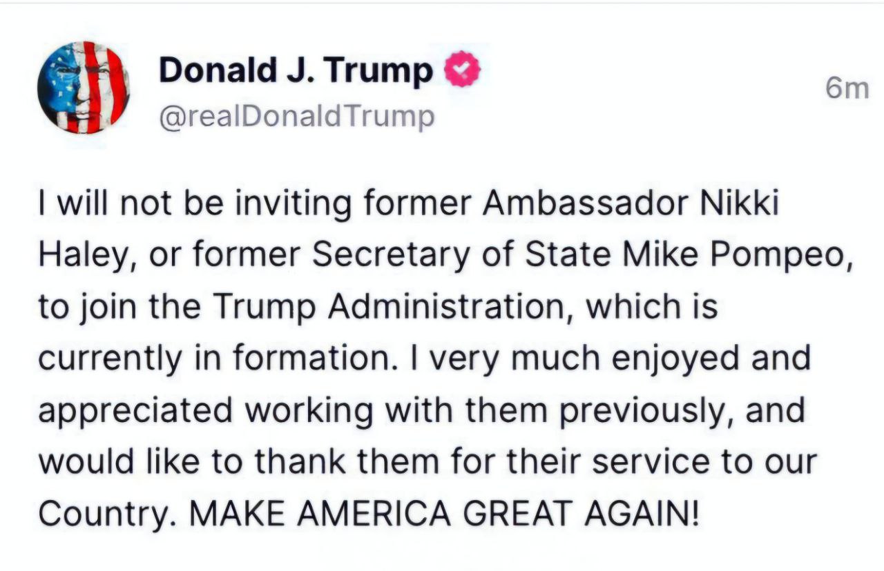 Trump announces Pompeo, Haley not in his administration