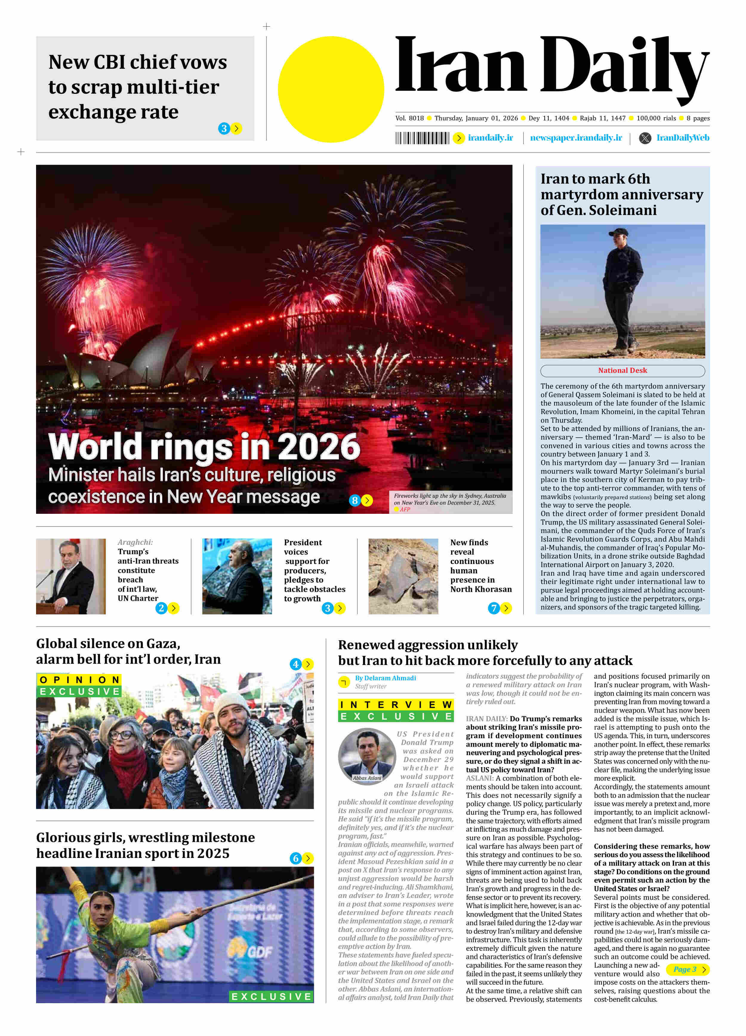 Front pages of Iran's English dailies on Jan 1