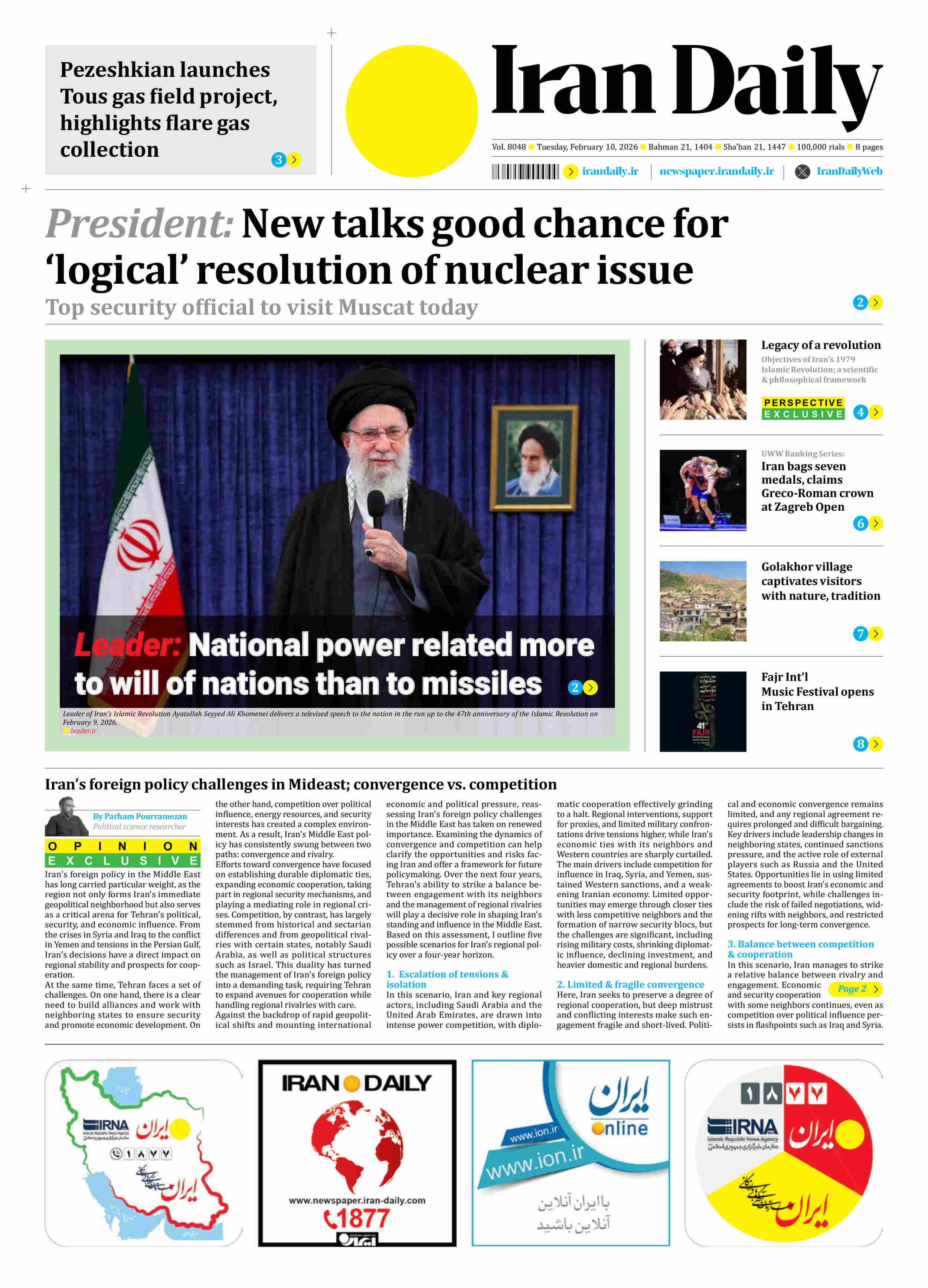 Front pages of Iran's English dailies on Feb. 10